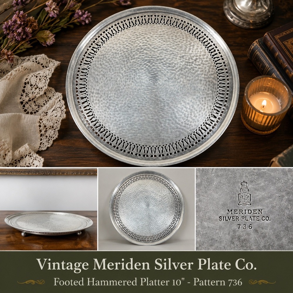 Meriden Silver Plate Co Platter Hammered Silver Footed 10" Pattern 736 Vintage